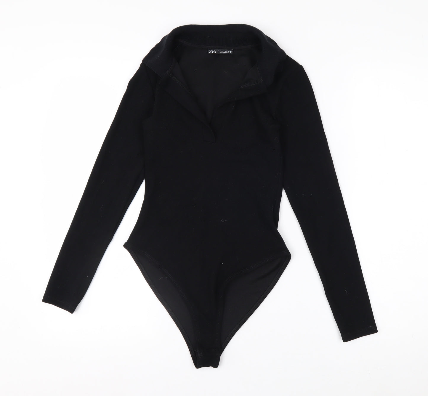 Zara Women Black Collared Long Sleeve Bodysuit Top Size S