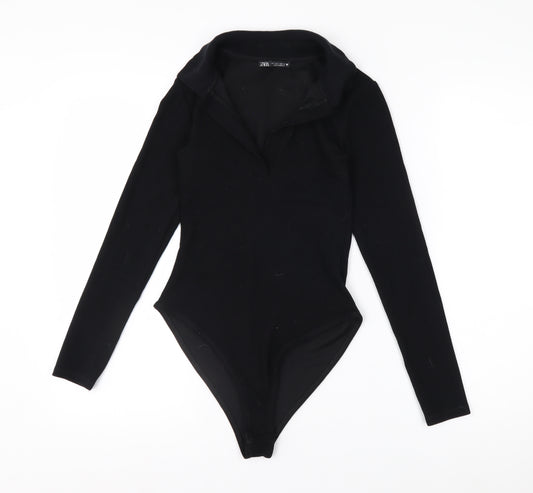 Zara Women Black Collared Long Sleeve Bodysuit Top Size S