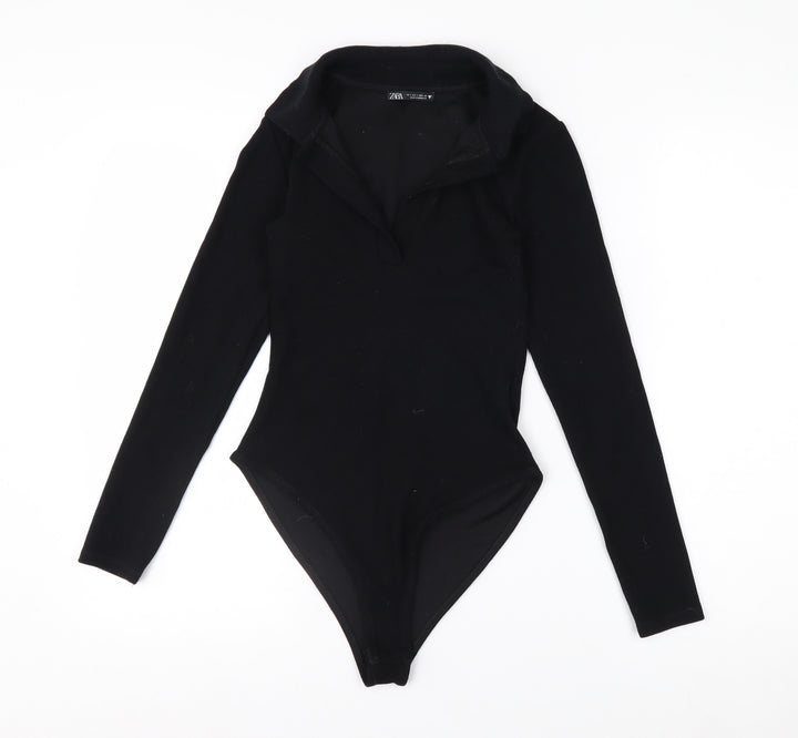 Zara Women Black Collared Long Sleeve Bodysuit Top Size S