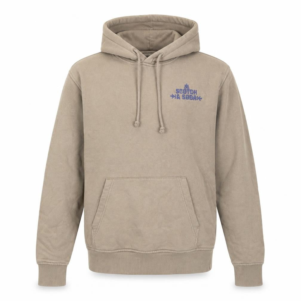 Front view of Scotch & Soda Men's Beige Pullover Hoodie S Graphic Logo Fleece
