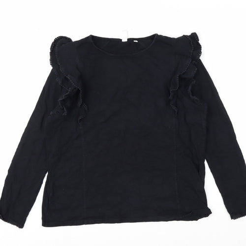 Marks and Spencer Womens Black Ruffle Long Sleeve Cotton Blouse Size 14
