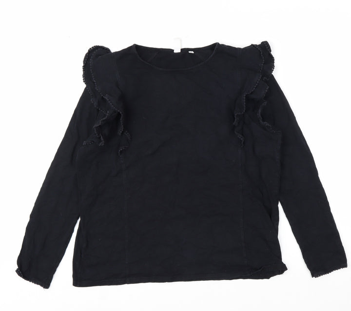 Marks and Spencer Womens Black Ruffle Long Sleeve Cotton Blouse Size 14