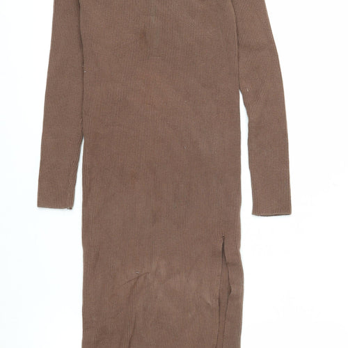 Zara Women Brown Roll Neck Ribbed Knit Bodycon Midi Dress Size 8