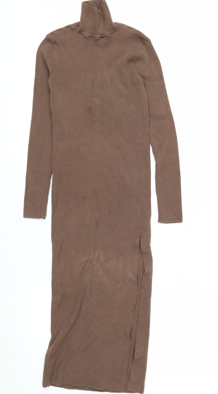Zara Women Brown Roll Neck Ribbed Knit Bodycon Midi Dress Size 8