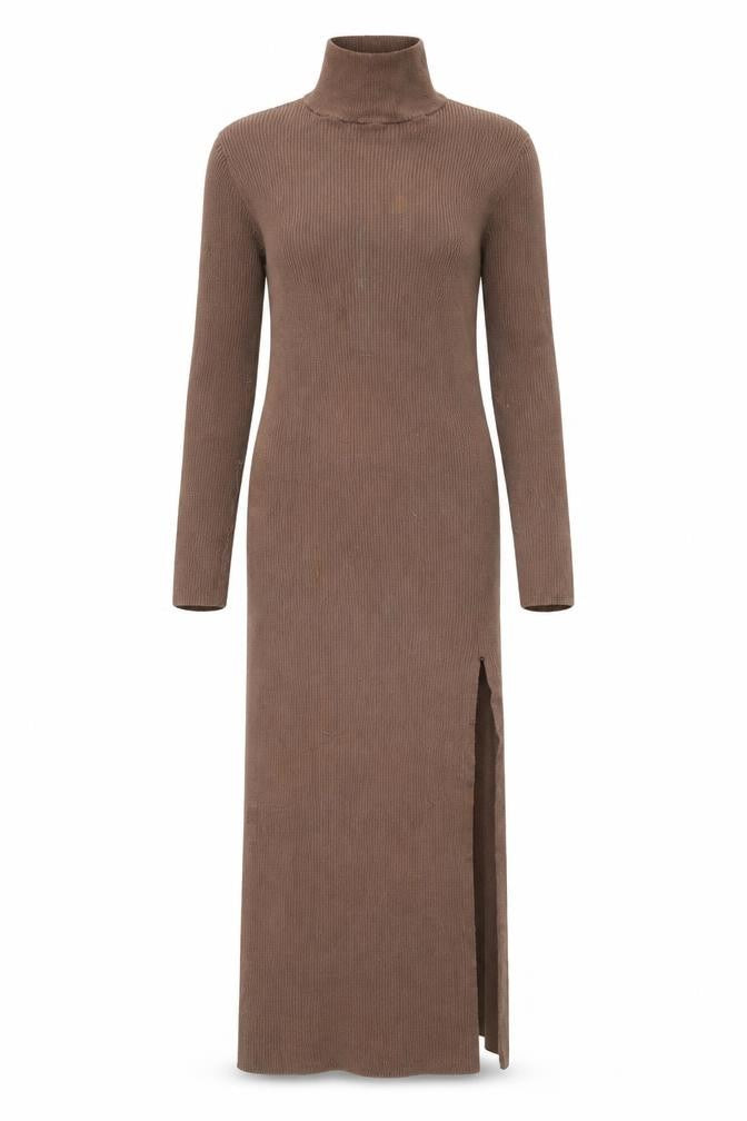 Zara Women Brown Roll Neck Ribbed Knit Bodycon Midi Dress Size 8