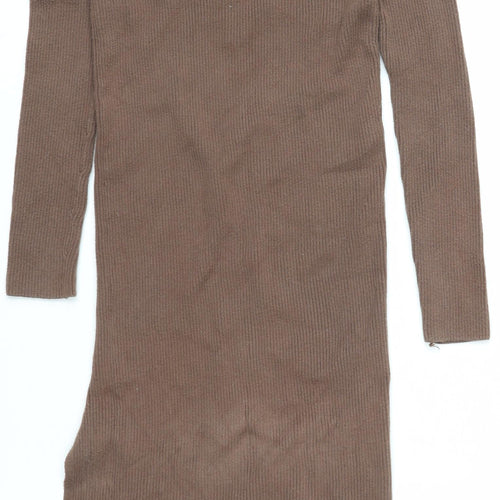 Zara Women Brown Roll Neck Ribbed Knit Bodycon Midi Dress Size 8
