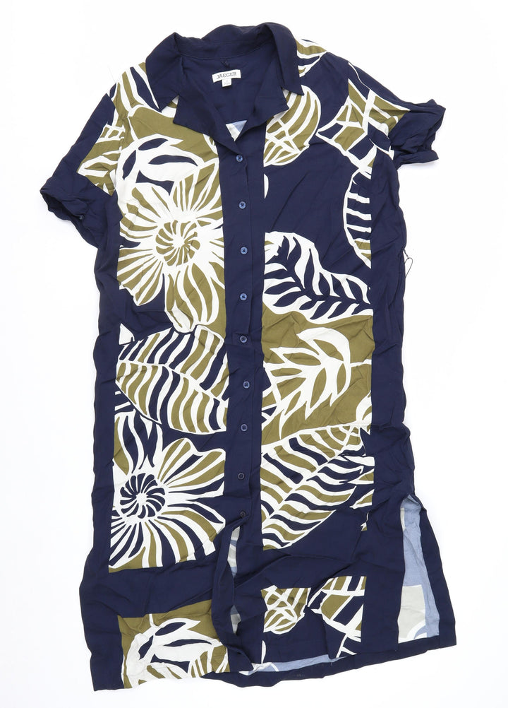 Jaeger Women’s Blue Tropical Shirt Dress Size 12 Midi Viscose