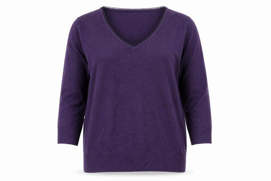 Front view of Marks & Spencer Per Una Women’s Purple V-Neck 3/4 Sleeve Knit Jumper, size UK 14