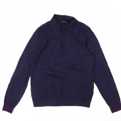 Paul Smith Men's Blue Merino Wool Collared Henley Jumper M