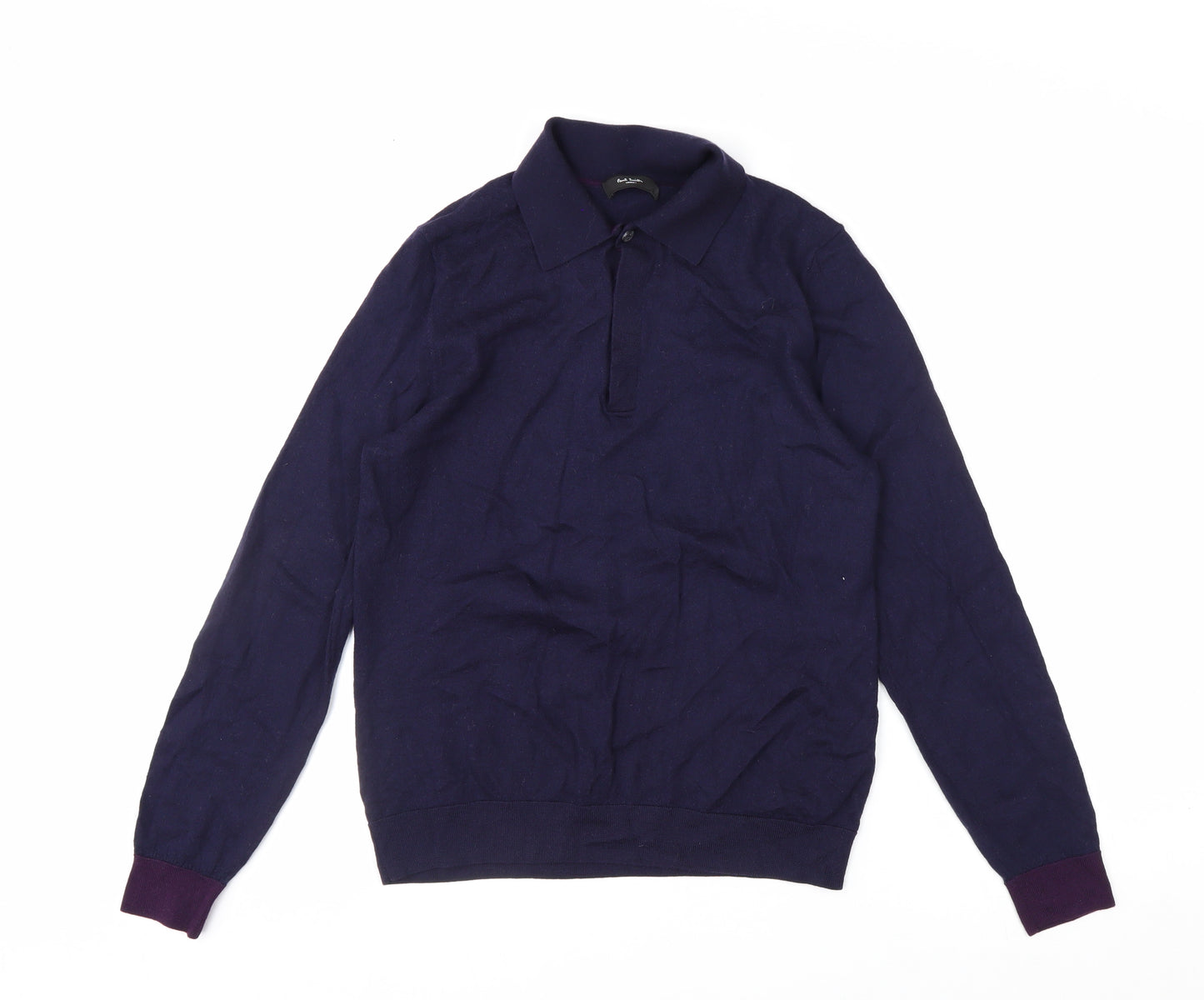 Paul Smith Men's Blue Merino Wool Collared Henley Jumper M