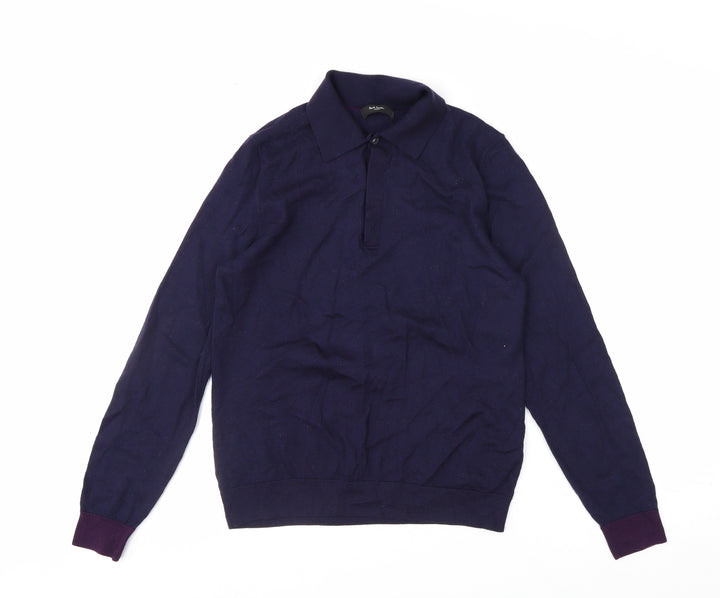 Paul Smith Men's Blue Merino Wool Collared Henley Jumper M