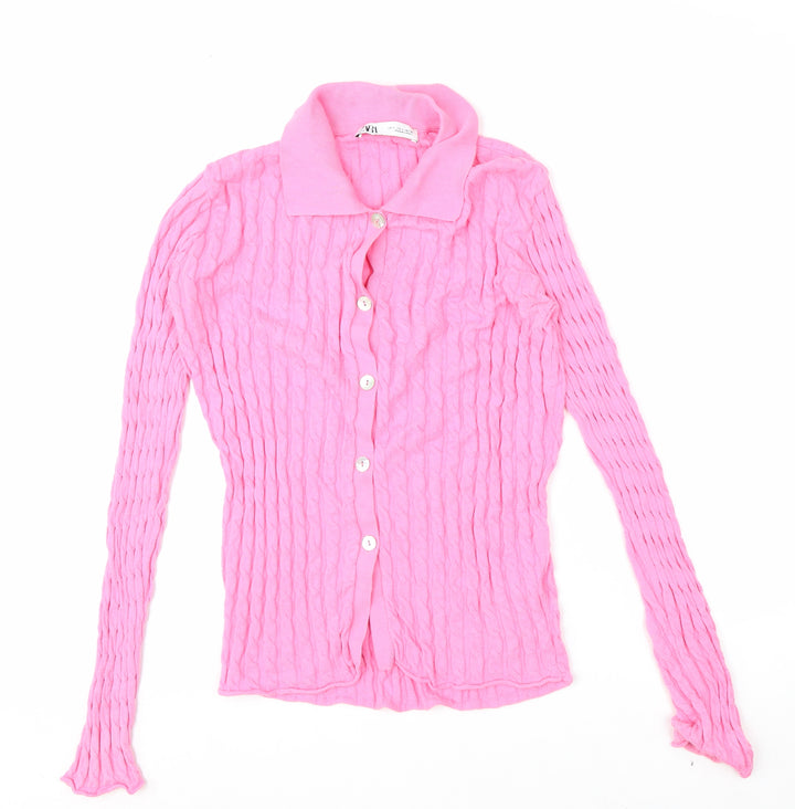 Zara Women Pink Cotton Button-Up Collared Knit Top Size S