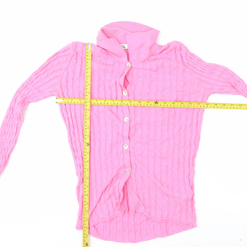 Zara Women Pink Cotton Button-Up Collared Knit Top Size S
