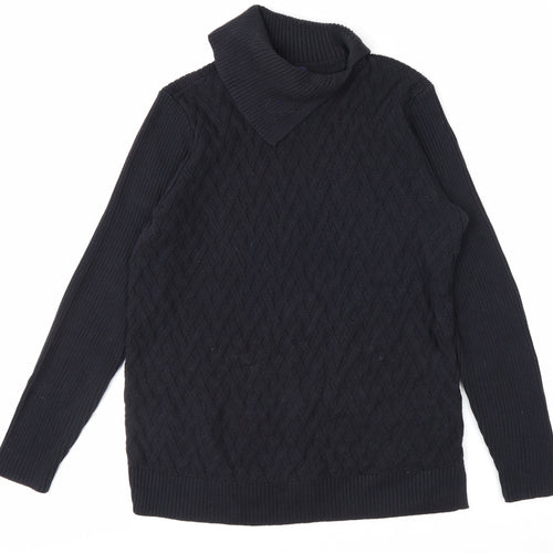 Lands' End Men's Black Cotton Roll Neck Cable Knit Jumper M