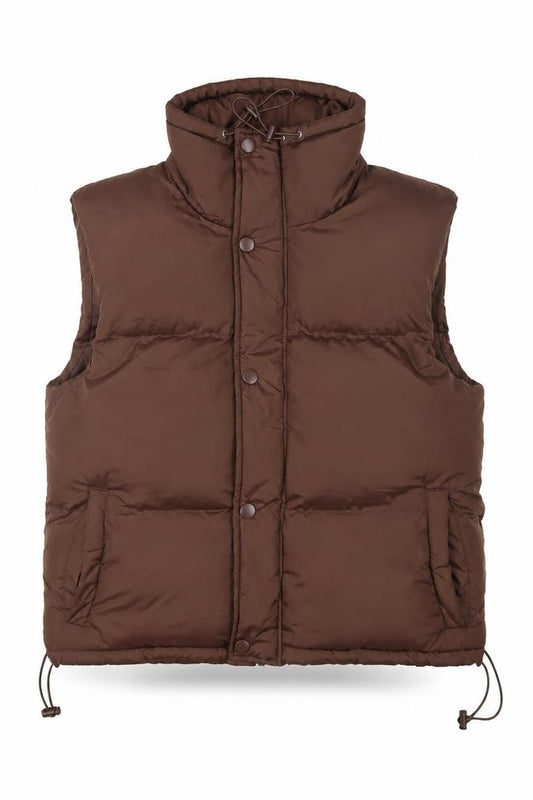 Front view of PRETTYLITTLETHING Women Brown, size 6, Puffer Waistcoat Polyester