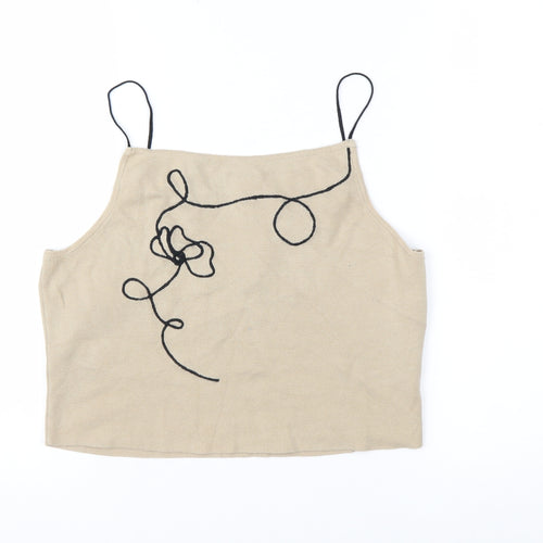 nu-in Women's Beige Embroidered Cropped Knit Tank Top Size M