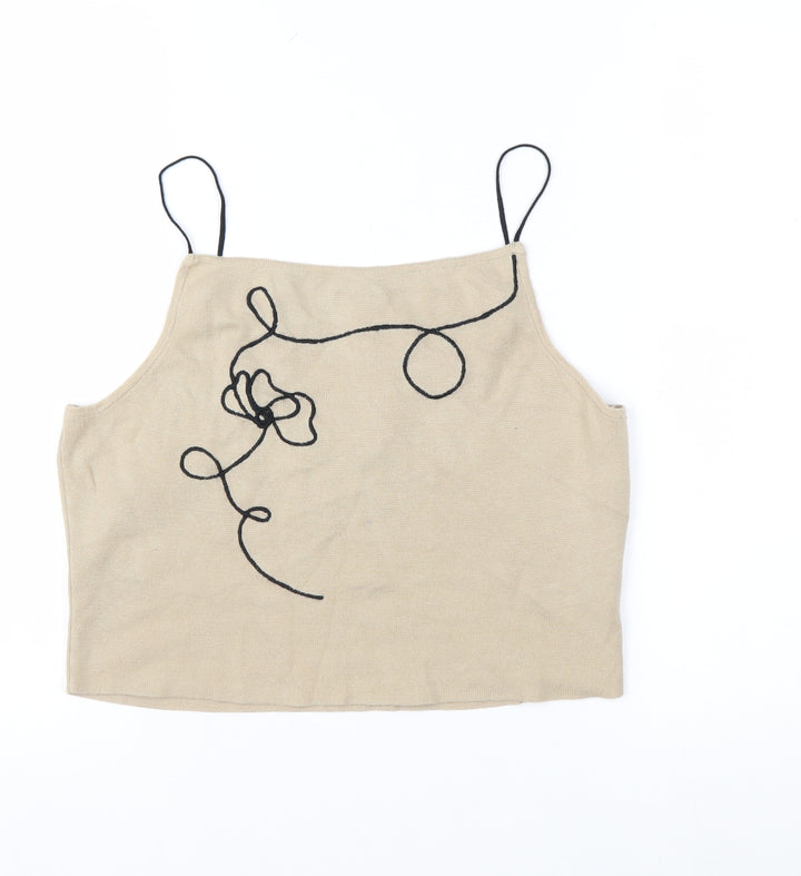 nu-in Women's Beige Embroidered Cropped Knit Tank Top Size M