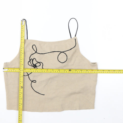 nu-in Women's Beige Embroidered Cropped Knit Tank Top Size M