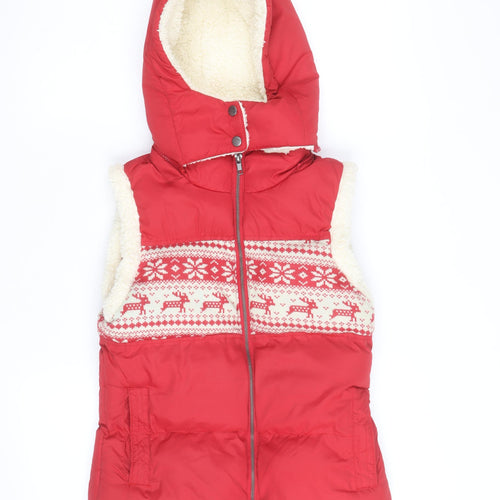 John Lewis Women Red Hooded Puffer Waistcoat Size S Christmas Fair Isle Fleece Lined