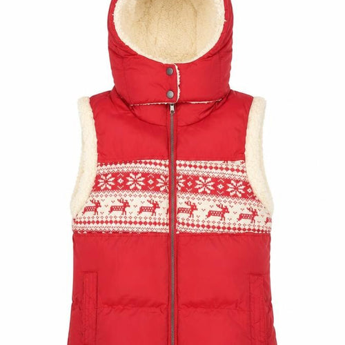 John Lewis Women Red Hooded Puffer Waistcoat Size S Christmas Fair Isle Fleece Lined