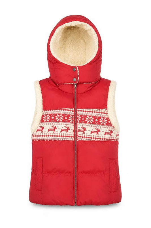 Front view of John Lewis Women Red Hooded Puffer Waistcoat, size S, Christmas Fair Isle Fleece Lined