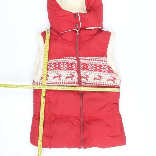 John Lewis Women Red Hooded Puffer Waistcoat Size S Christmas Fair Isle Fleece Lined