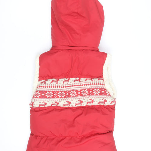 John Lewis Women Red Hooded Puffer Waistcoat Size S Christmas Fair Isle Fleece Lined