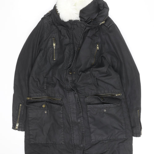 Mint Velvet Women's Black Faux Fur Trimmed Parka Coat Size 10