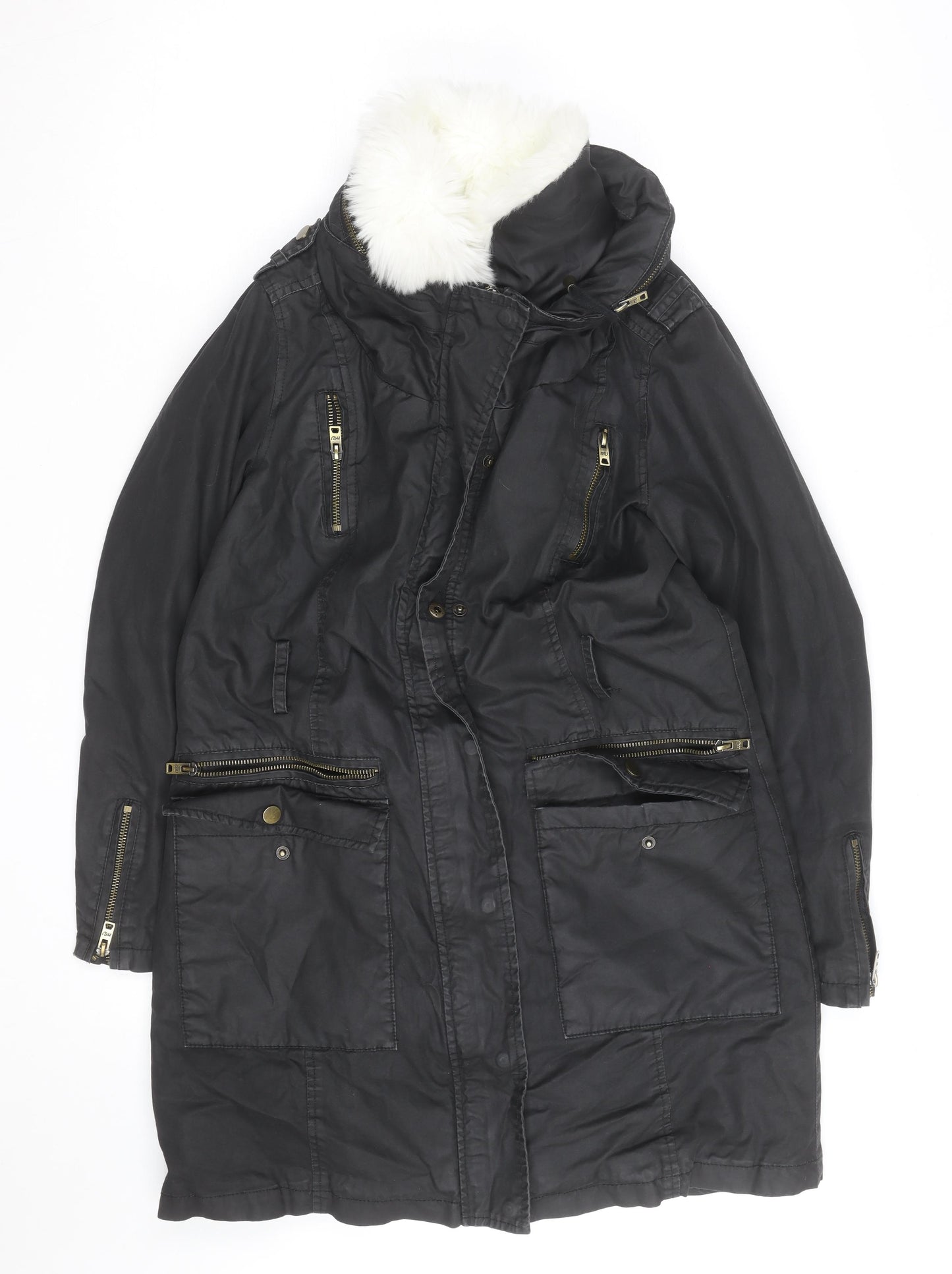 Mint Velvet Women's Black Faux Fur Trimmed Parka Coat Size 10