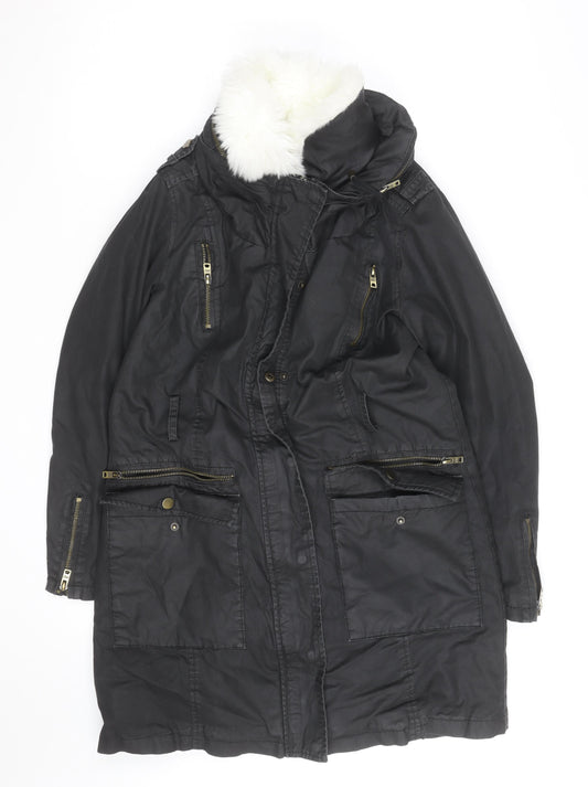 Mint Velvet Women's Black Faux Fur Trimmed Parka Coat Size 10