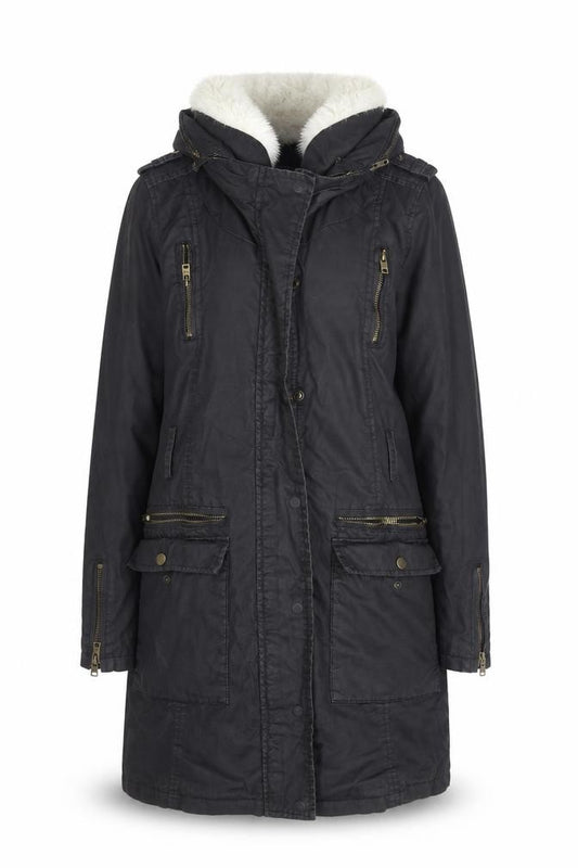 Front view of Mint Velvet Women's Black Faux Fur Trimmed Parka Coat, size 10