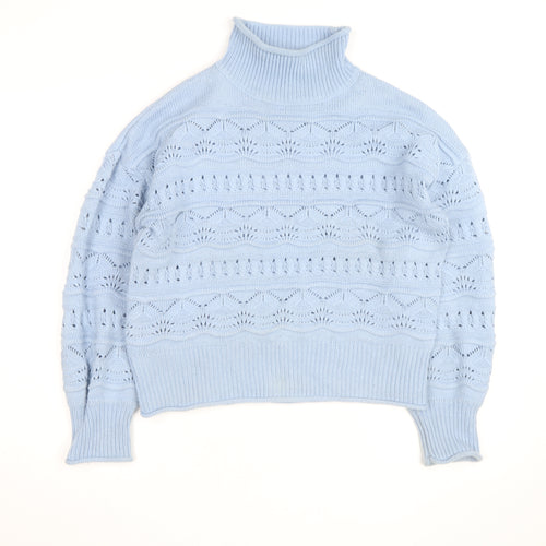 French Connection Women Blue Roll Neck Open Knit Jumper Size S