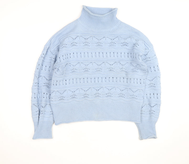 French Connection Women Blue Roll Neck Open Knit Jumper Size S
