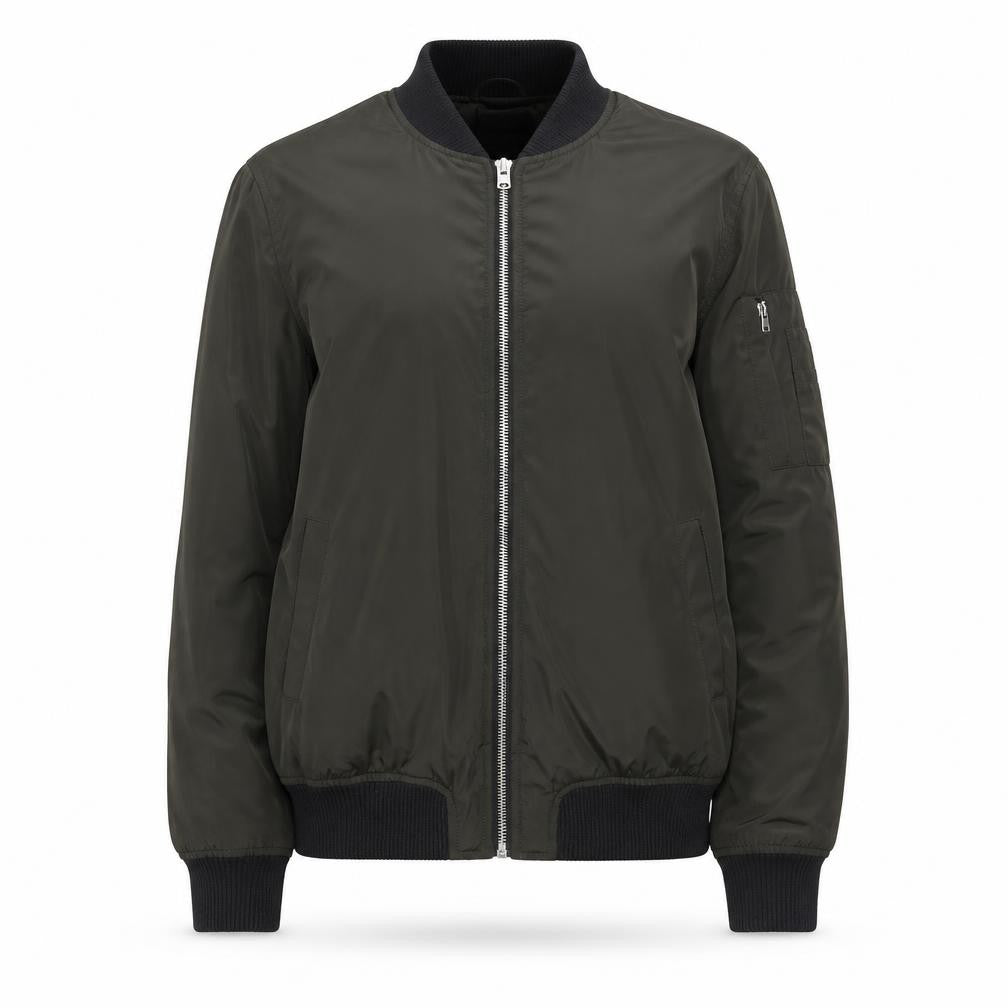 Front view of New Look Women's Green Bomber Jacket, size 8, Zip Casual Lightweight