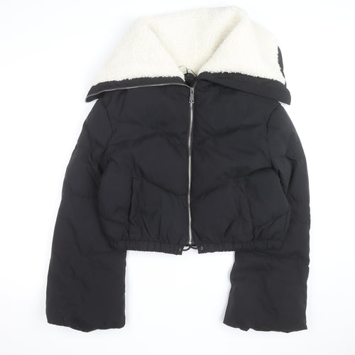 Flamme Mode Women’s Black Cropped Puffer Jacket with Faux Fur Collar Size M