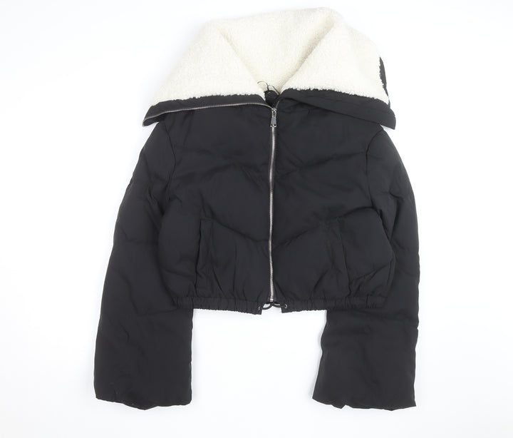 Flamme Mode Women’s Black Cropped Puffer Jacket with Faux Fur Collar Size M