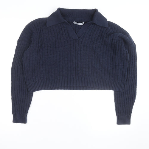Hollister Women's Blue Collared Cable-Knit Pullover Jumper M