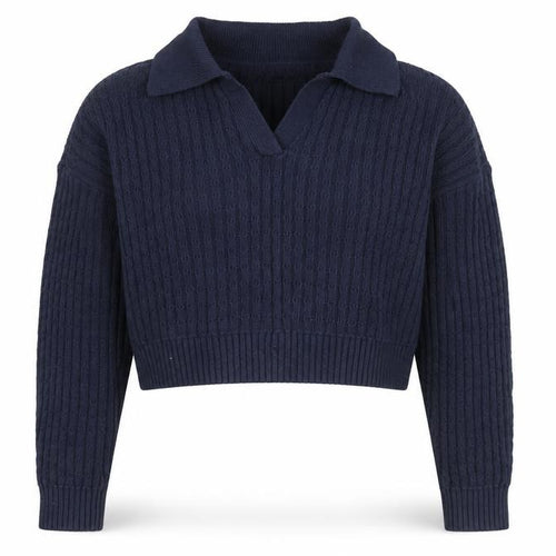 Hollister Women's Blue Collared Cable-Knit Pullover Jumper M