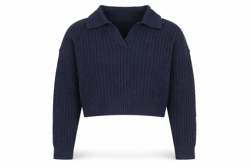 Hollister Women's Blue Collared Cable-Knit Pullover Jumper M