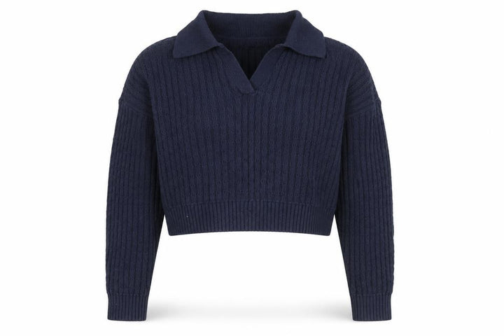 Hollister Women's Blue Collared Cable-Knit Pullover Jumper M