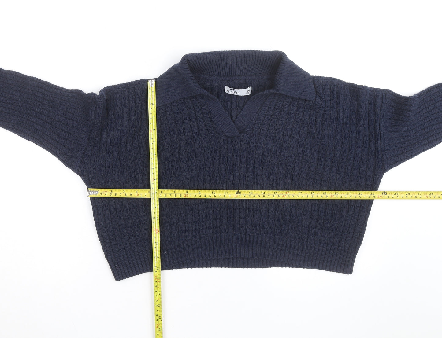 Hollister Women's Blue Collared Cable-Knit Pullover Jumper M