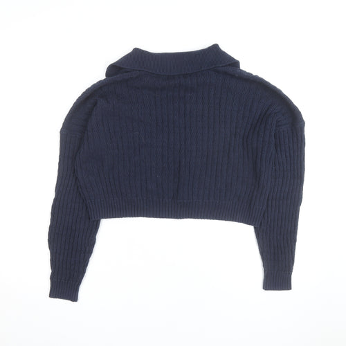 Hollister Women's Blue Collared Cable-Knit Pullover Jumper M