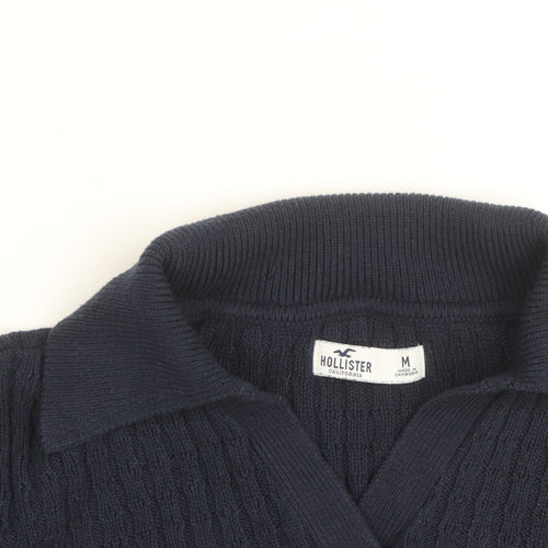 Hollister Women's Blue Collared Cable-Knit Pullover Jumper M