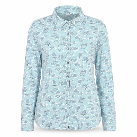 Front view of Boden Women Blue Floral Button-Up Shirt, size 8, Cotton Long Sleeve