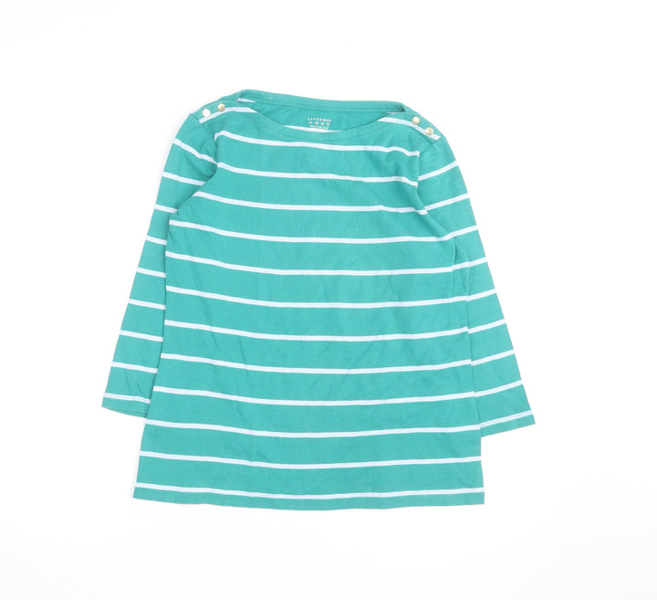 Lands' End Women's Green Striped Boat Neck Long Sleeve Cotton Top Size S