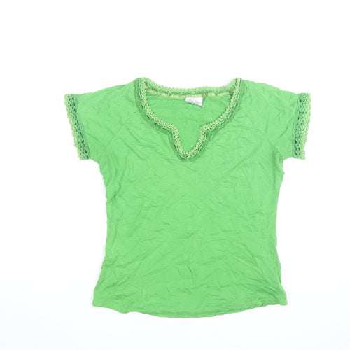 Next Women Green Crochet Trim Short Sleeve Cotton V-Neck T-Shirt UK 12