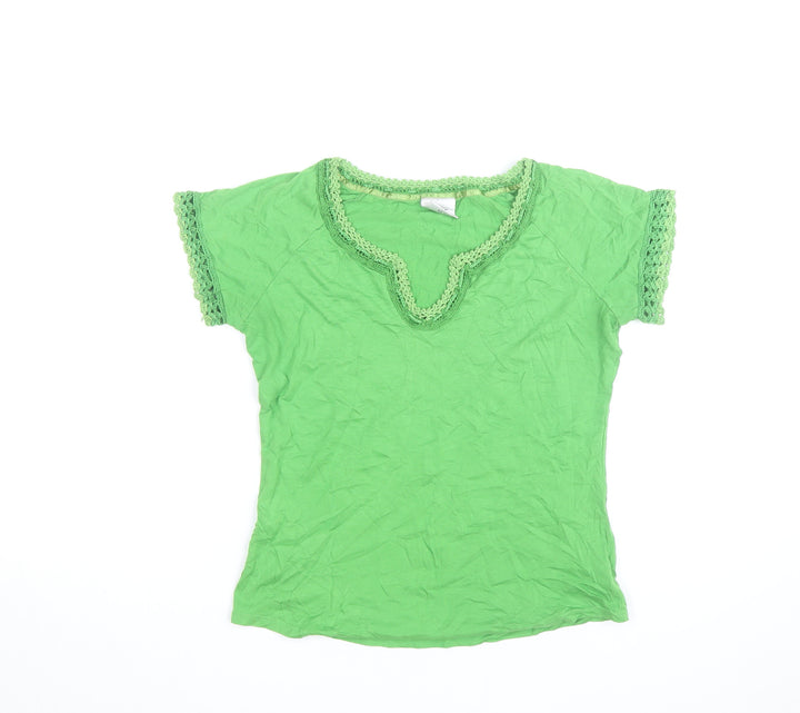 Next Women Green Crochet Trim Short Sleeve Cotton V-Neck T-Shirt UK 12