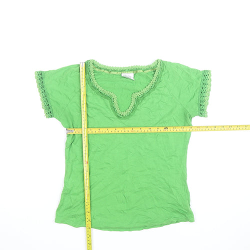 Next Women Green Crochet Trim Short Sleeve Cotton V-Neck T-Shirt UK 12