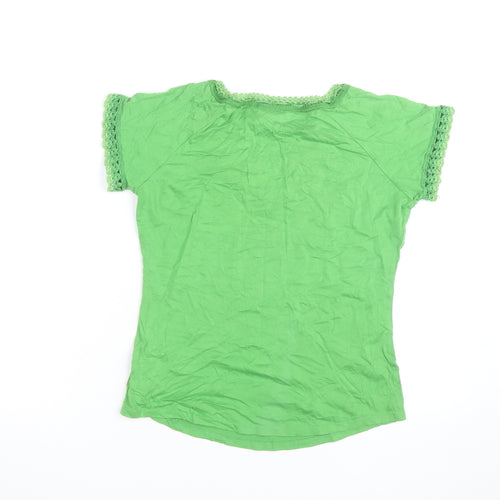 Next Women Green Crochet Trim Short Sleeve Cotton V-Neck T-Shirt UK 12