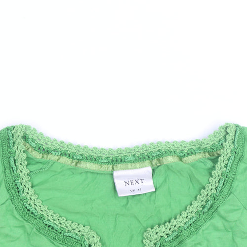 Next Women Green Crochet Trim Short Sleeve Cotton V-Neck T-Shirt UK 12
